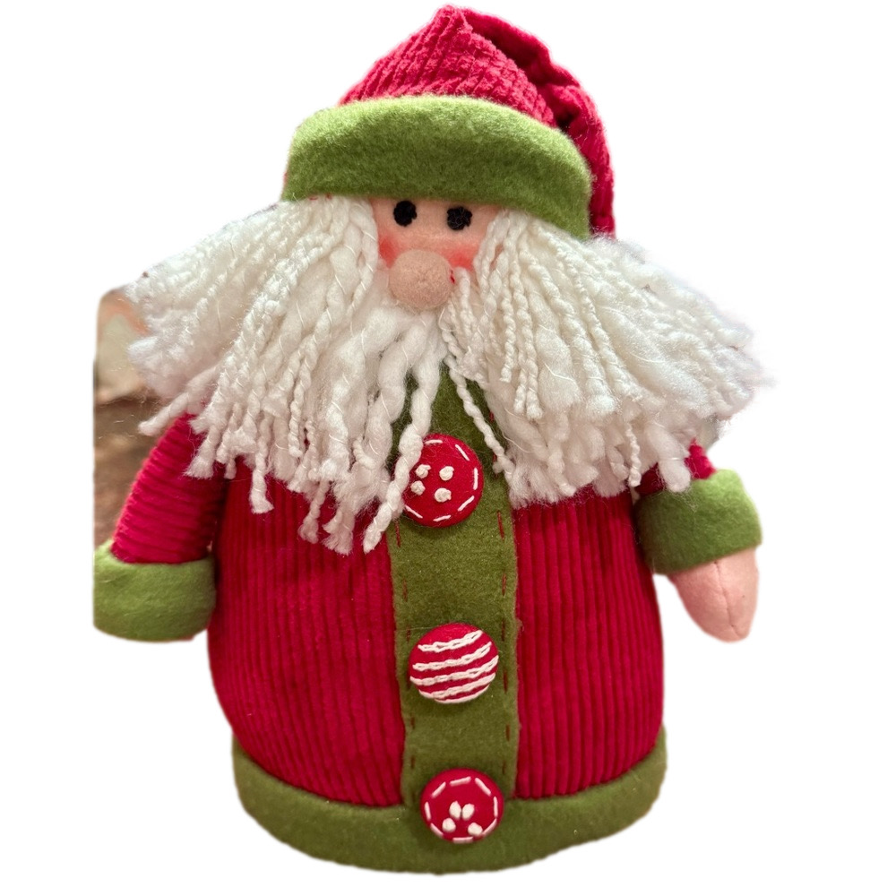 Santa holiday decoration. weighted red corduroy doll with green trim.